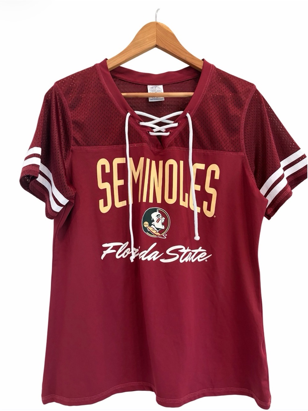 Florida State Seminoles FSU Women’s Lace-Up Tee Shirt Mesh Shoulders Size Large